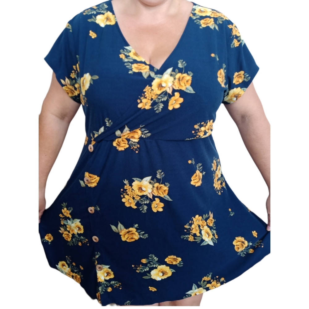 Arizona floral blue 3X v-neck mini dress